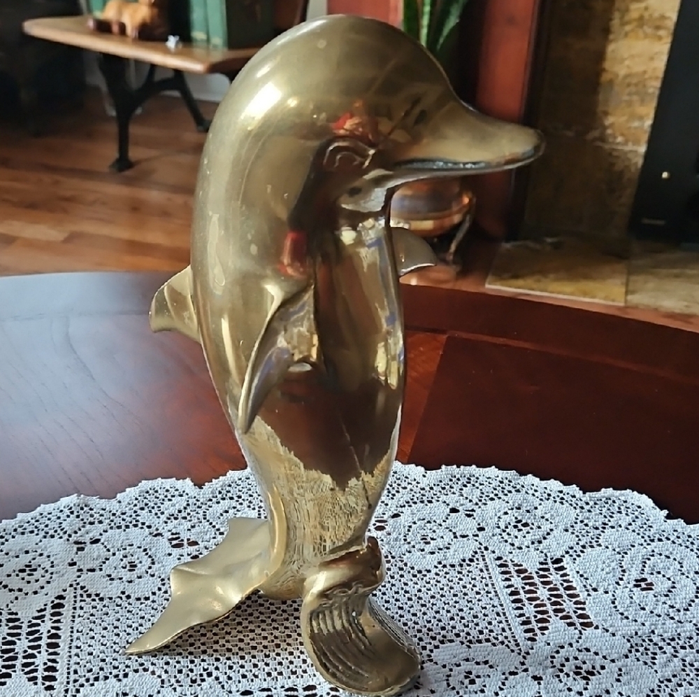 VTG Solid Brass Dolphin Sculpture 12" Tall 3 Lbs MCM Coastal Decor Adorable